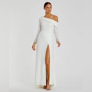 MAC DUGGAL NWT White Beaded Cuff Drop Shoulder Faux Wrap Gown 4